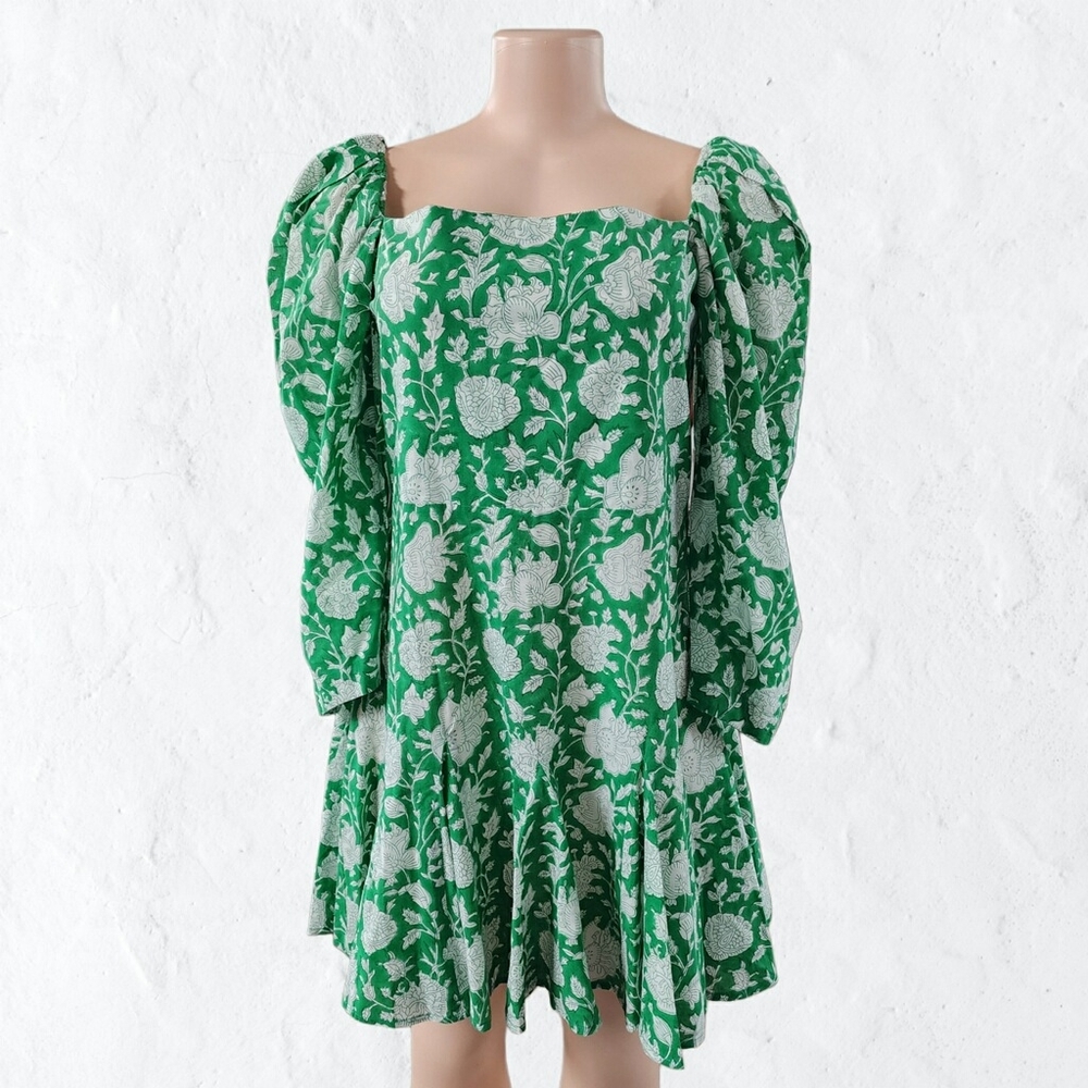 Green Puff Sleeve Tiered Sundress for Wedding Guest
